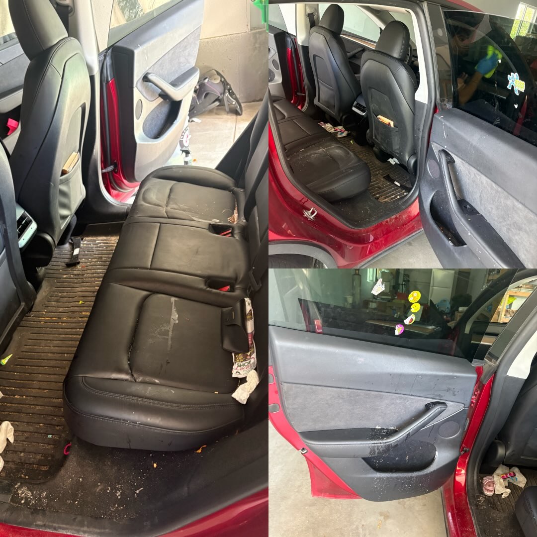 Before: a Tesla back seat and footwells full of dirt and trash